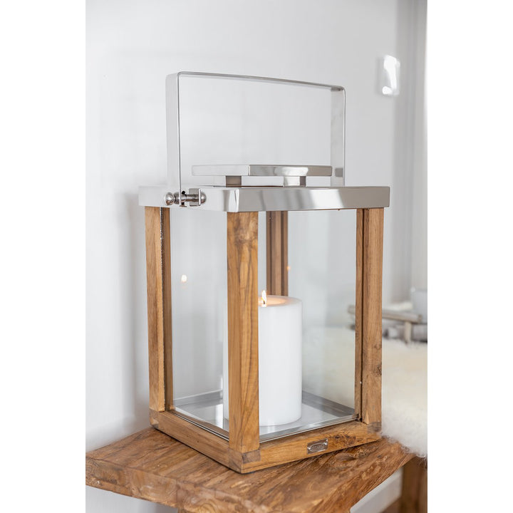 Lantaarn Miami H36 cm | Fijn teak hout | Roestvrij staal, vernikkeld