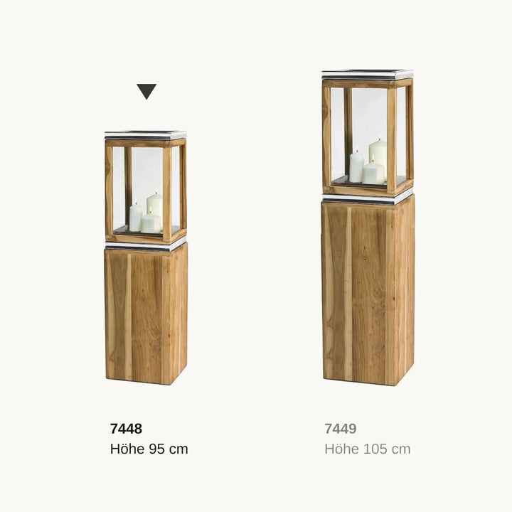 Lanterne Dubaï  H95 cm |socle, bois de teck fin | Acier inoxydable, nickelé brillant