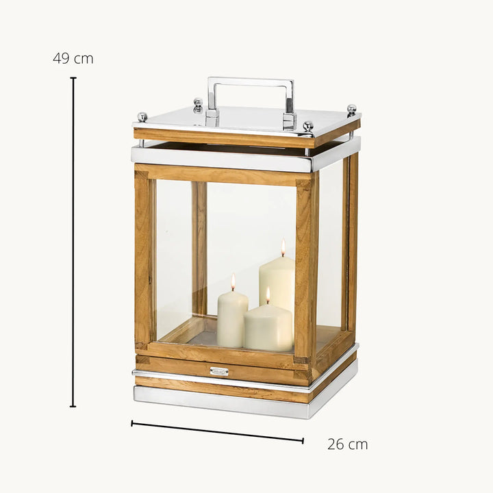 Lanterne Huntville  H49 cm | Bois de teck fin | Acier inoxydable, nickelé brillant