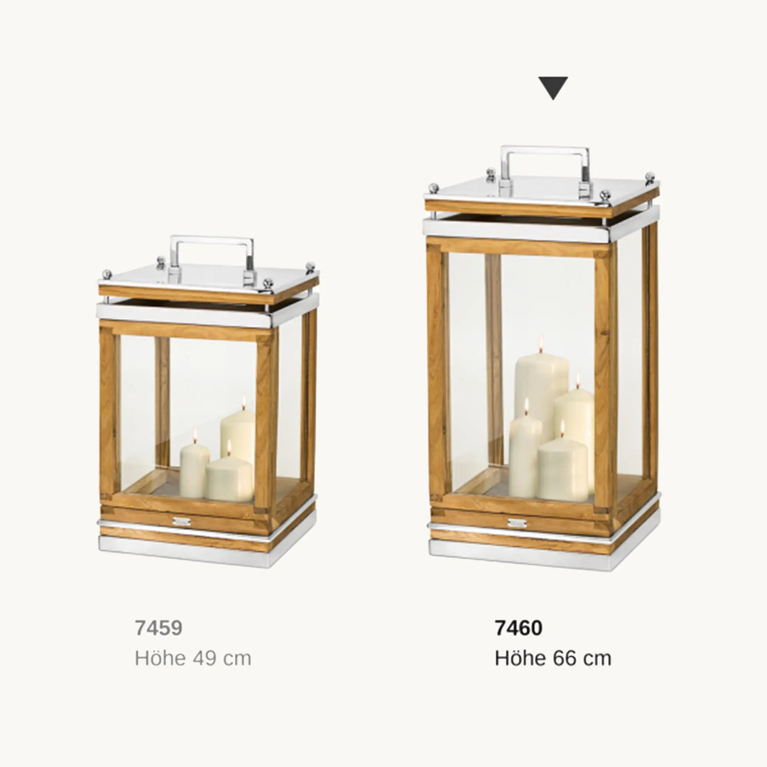 Lanterne Huntville  H66 cm | Bois de teck fin | Acier inoxydable, nickelé brillant