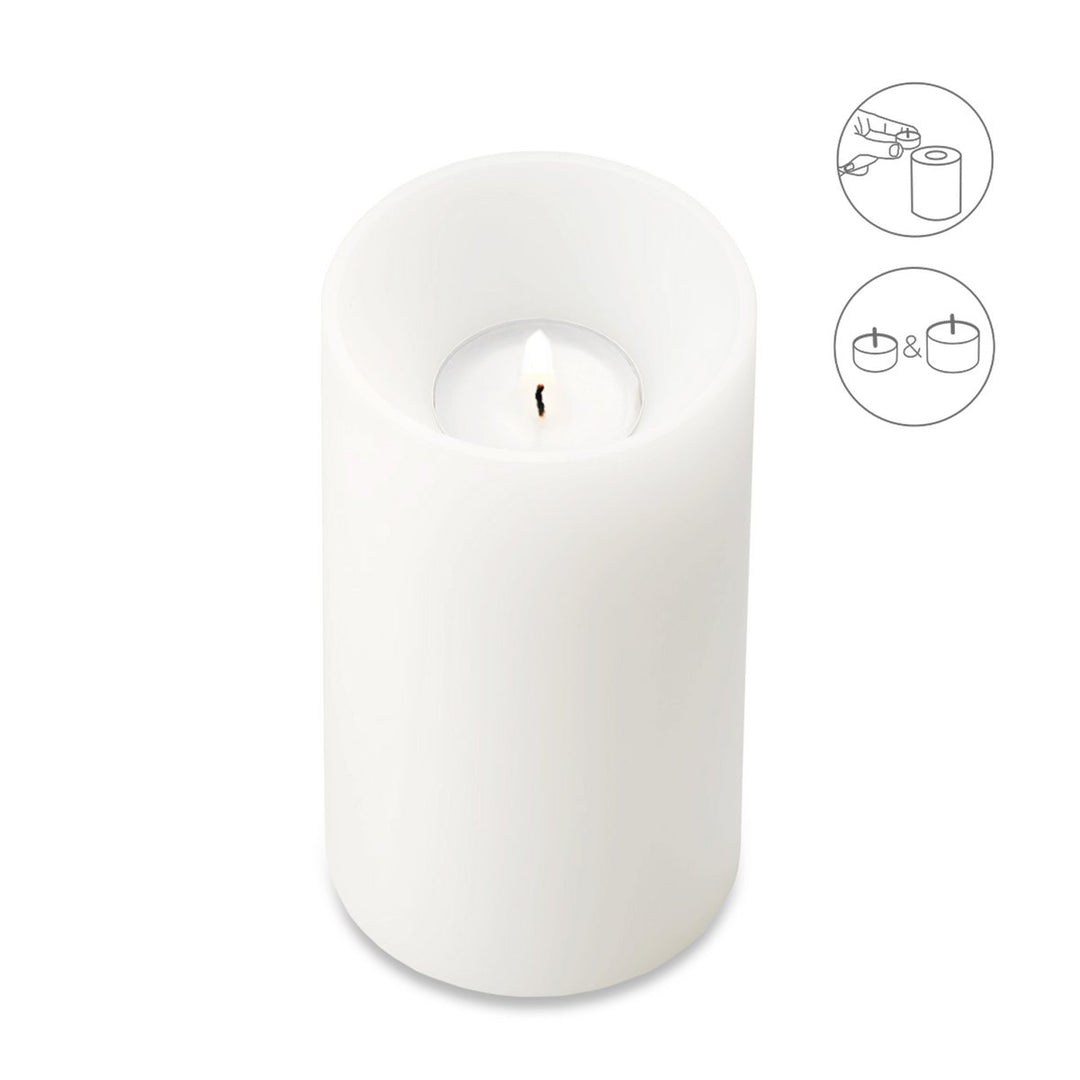 Bougie permanente Cornelius Deep (hauteur 15 cm, Ø 8 cm), blanche, photophore résistant à la chaleur jusqu’à 90 °C