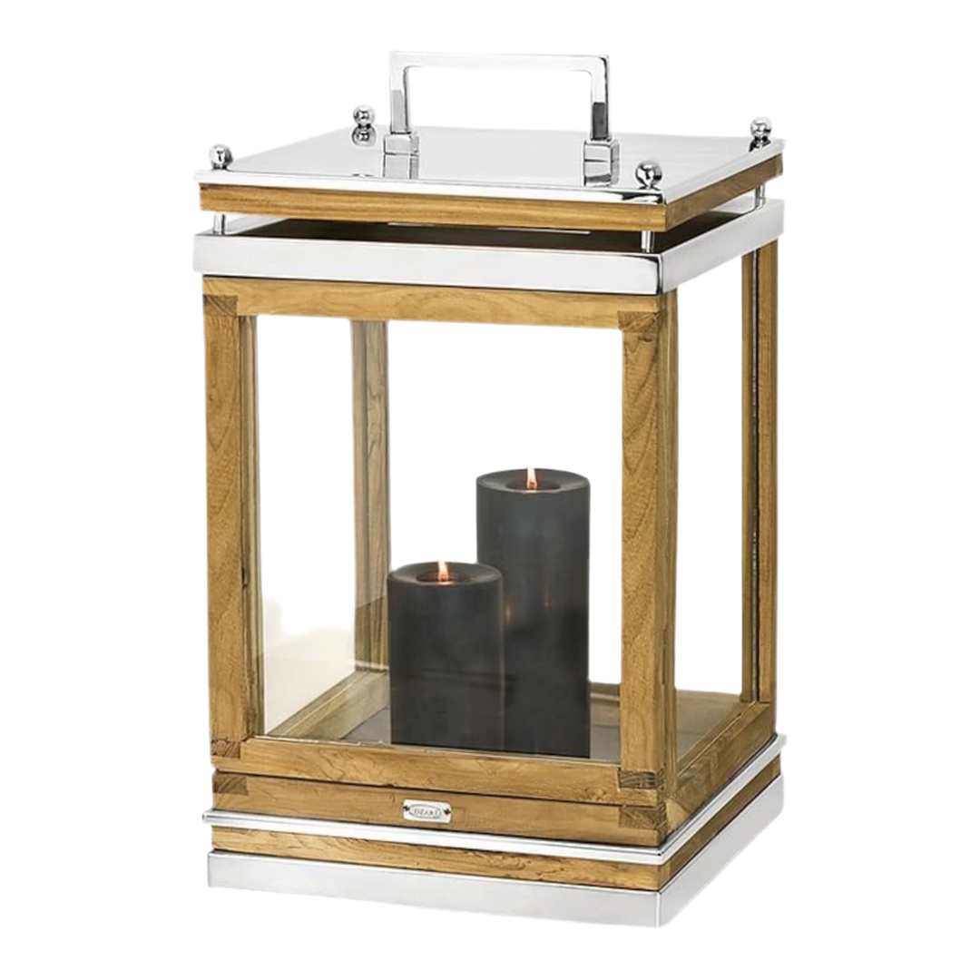 Lanterne Huntville  H49 cm | Bois de teck fin | Acier inoxydable, nickelé brillant
