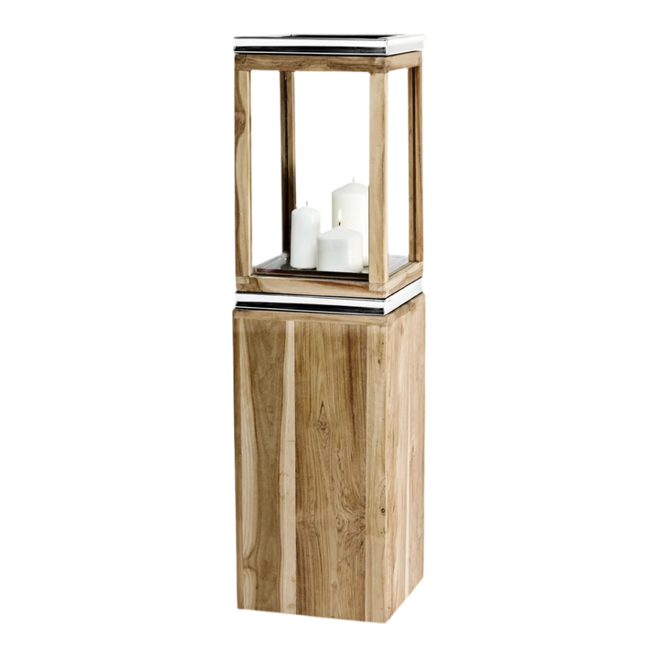 Lanterne Dubaï  H95 cm |socle, bois de teck fin | Acier inoxydable, nickelé brillant