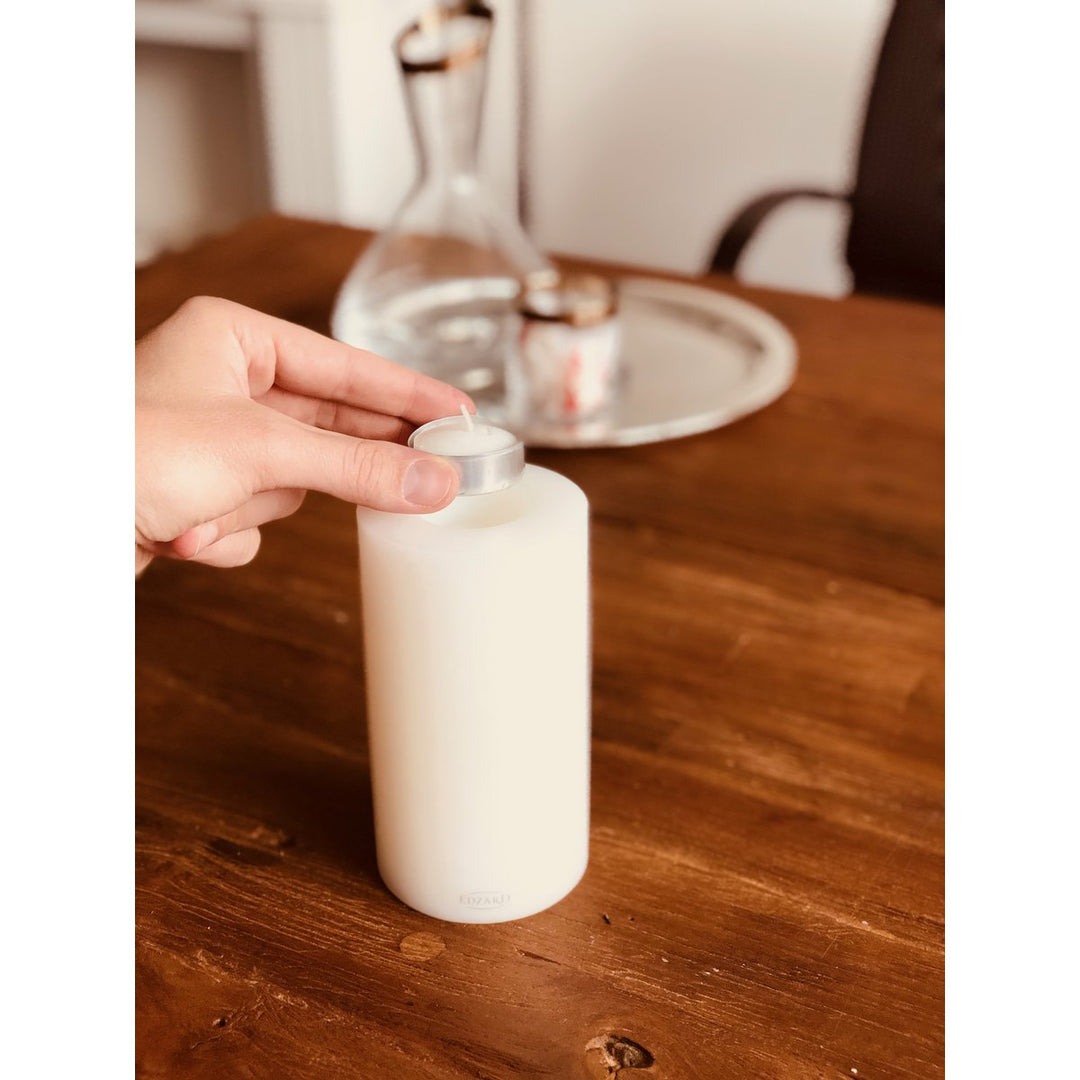 Bougie  chauffe plat permanente Cornelius (hauteur 15 cm, Ø 8 cm), blanche, photophore résistant exterieur