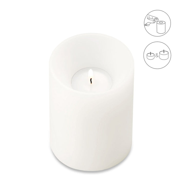 Bougie permanente Cornelius Deep (hauteur 11 cm, Ø 8 cm), blanche, photophore résistant à la chaleur jusqu’à 90 °C