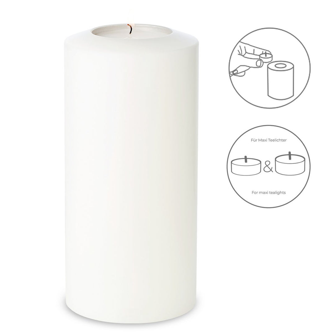 Bougie permanente Cornelius Pine (hauteur 21 cm, Ø 10 cm), blanche, photophore résistant à la chaleur jusqu’à 90 °C