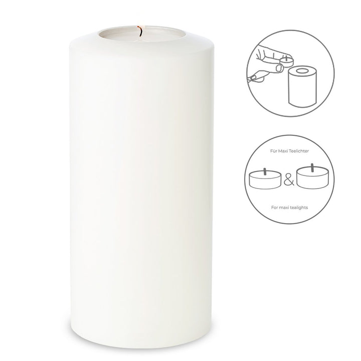 Bougie permanente Cornelius Pine (hauteur 21 cm, Ø 10 cm), blanche, photophore résistant à la chaleur jusqu’à 90 °C