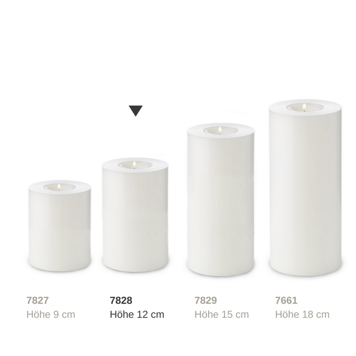 Bougie permanente Cornelius (hauteur 12 cm, Ø 8 cm), blanche, photophore résistant à la chaleur jusqu’à 90 D