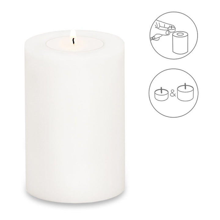 Bougie permanente Cornelius (hauteur 15 cm, Ø 10 cm), blanche, photophore résistant à la chaleur jusqu’à 90 °C