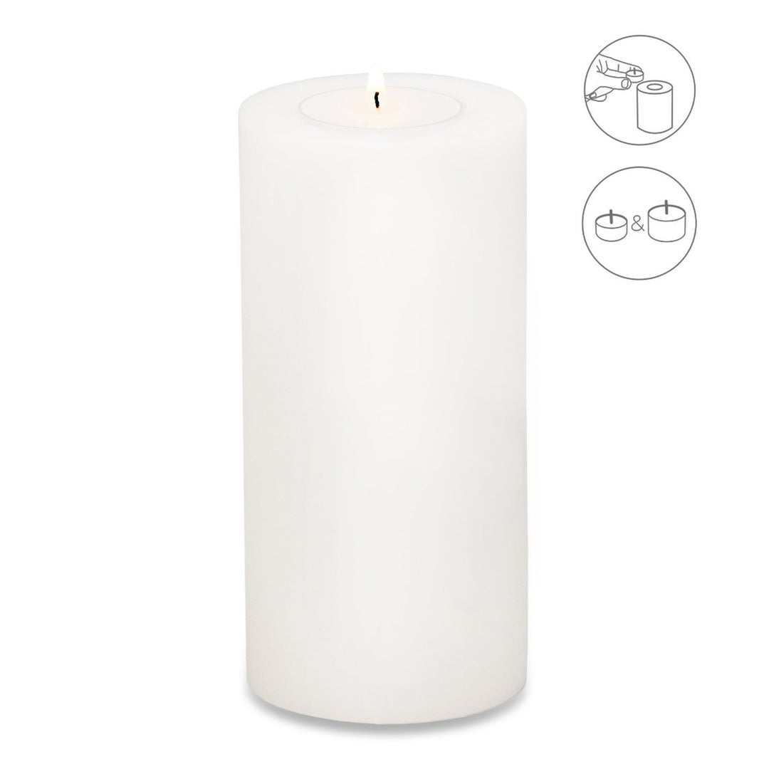 Bougie permanente Cornelius (hauteur 15 cm, Ø 8 cm), blanche, photophore résistant à la chaleur