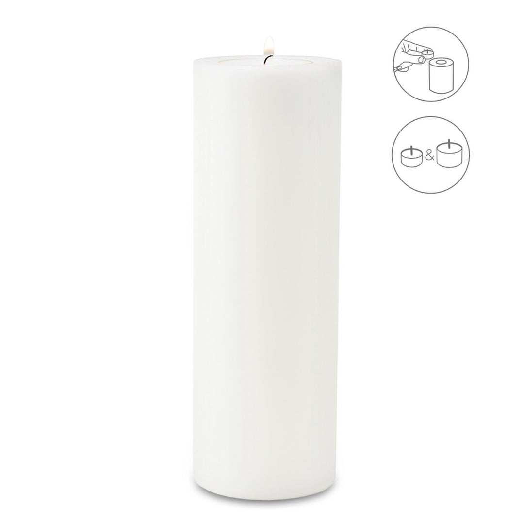Bougie permanente Cornelius (hauteur 30 cm, Ø 10 cm), blanche, photophore résistant à la chaleur jusqu’à 90 °C