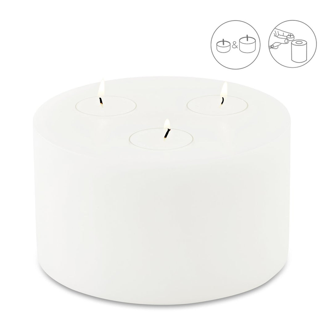 Bougie permanente Cornelius (hauteur 9 cm, Ø 16 cm), blanche, photophore pour 3 chauffe-plats, résistant à la chaleur jusqu’à 90 °C