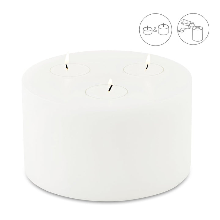 Bougie permanente Cornelius (hauteur 9 cm, Ø 16 cm), blanche, photophore pour 3 chauffe-plats, résistant à la chaleur jusqu’à 90 °C