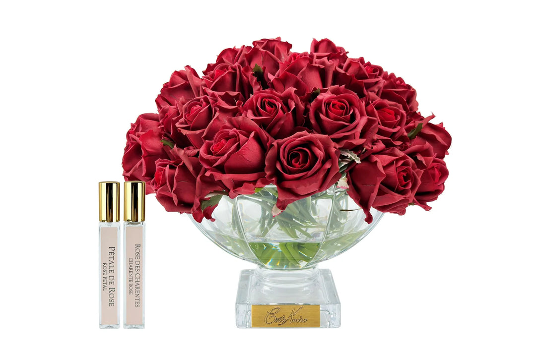 Centre de table de luxe – Bouquet de 37 Roses Françaises – Rose Rouge & Médaillon Or