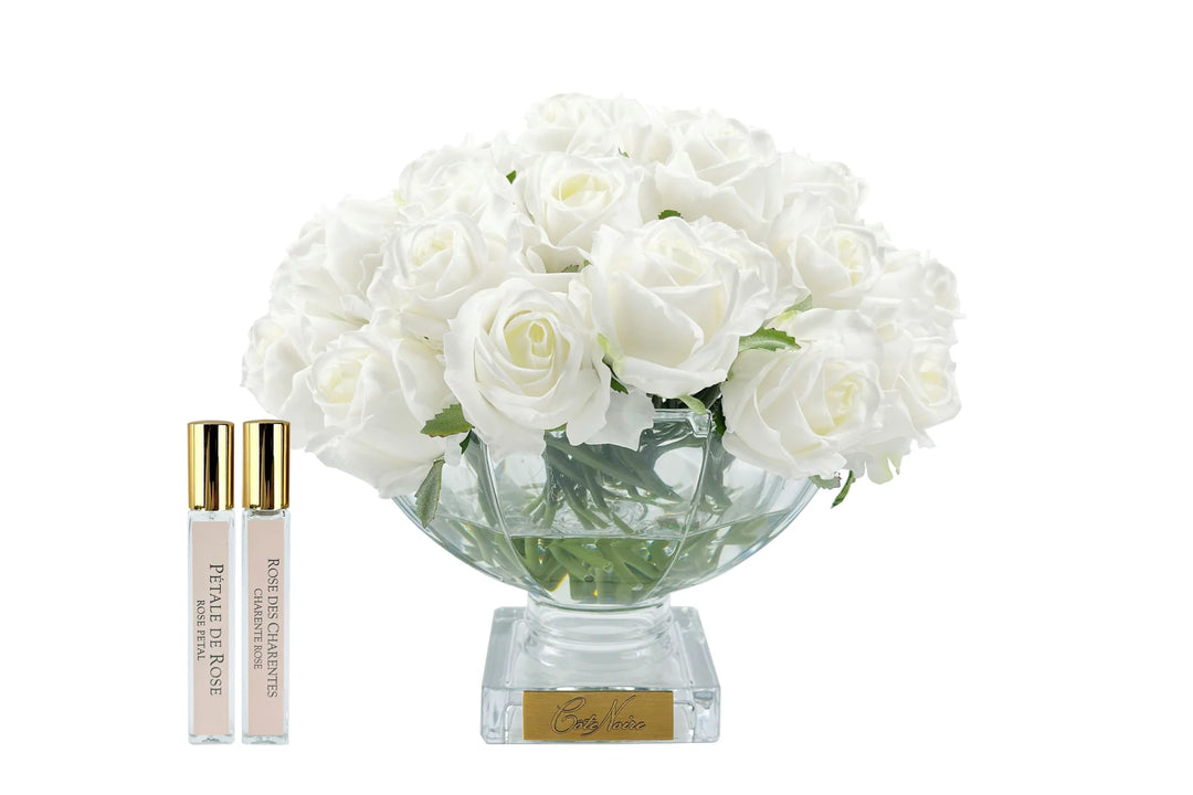 Centre de table de luxe – Bouquet de 37 Roses Françaises – Blanc & Médaillon Or
