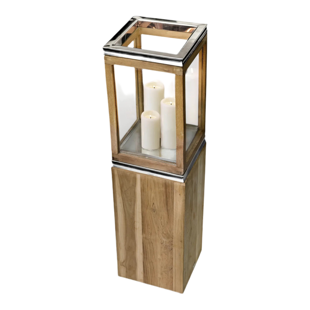 Lanterne Dubaï  H95 cm |socle, bois de teck fin | Acier inoxydable, nickelé brillant