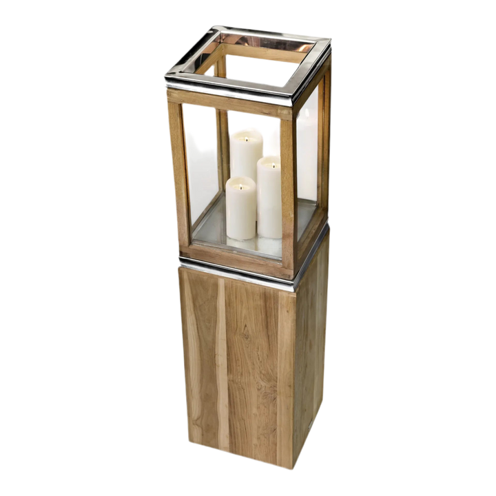 Lanterne Dubaï  H95 cm |socle, bois de teck fin | Acier inoxydable, nickelé brillant