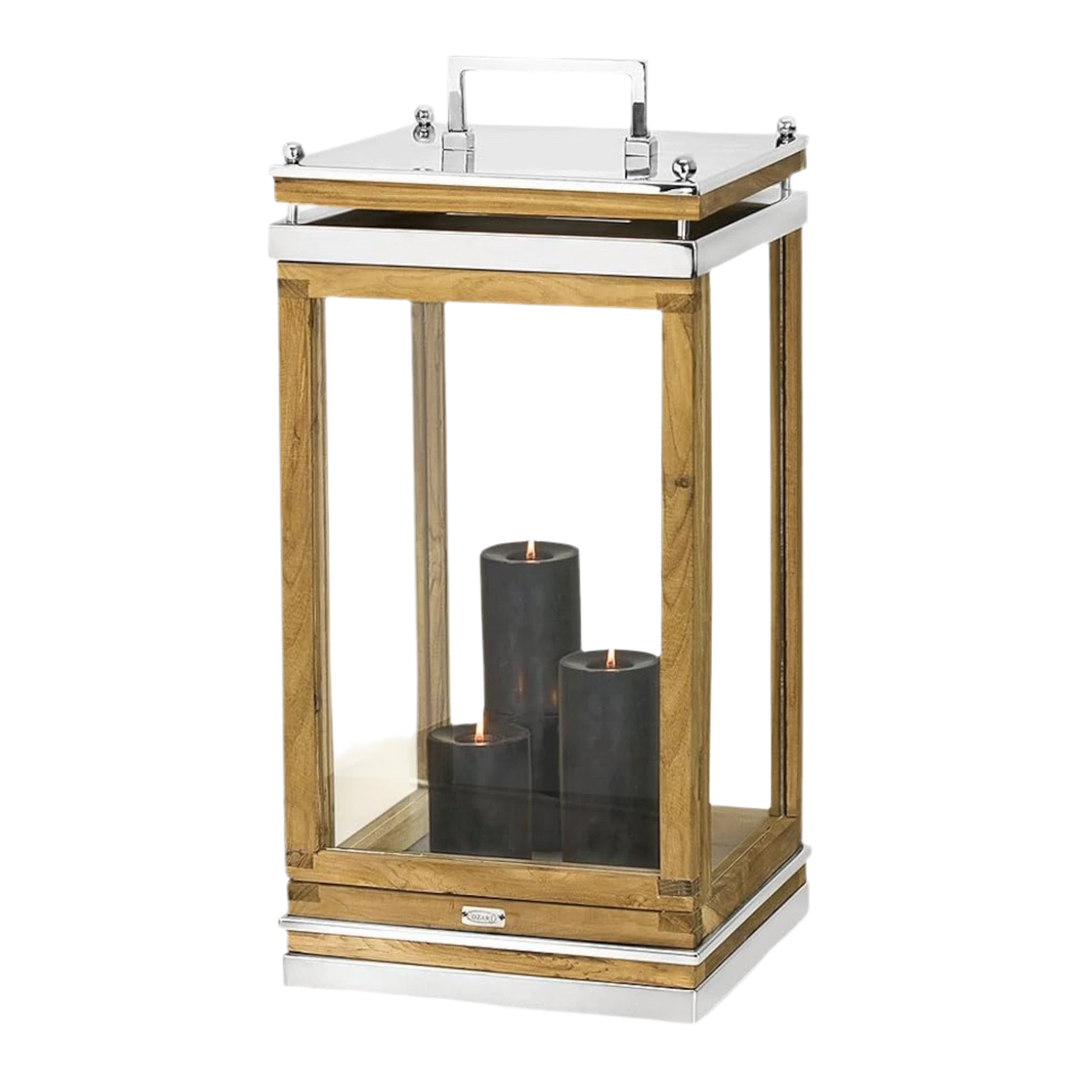 Lanterne Huntville  H66 cm | Bois de teck fin | Acier inoxydable, nickelé brillant
