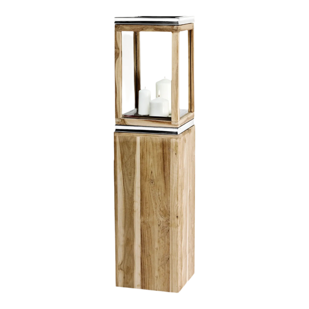 Lanterne Dubaï  H105 cm |socle, bois de teck fin | Acier inoxydable, nickelé brillant