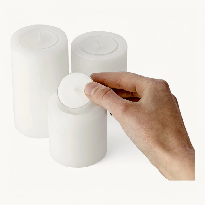 Set de 3 bougies permanentes Cornelius (hauteur 6/8/10 cm, Ø 6 cm), blanches, photophores résistant à la chaleur