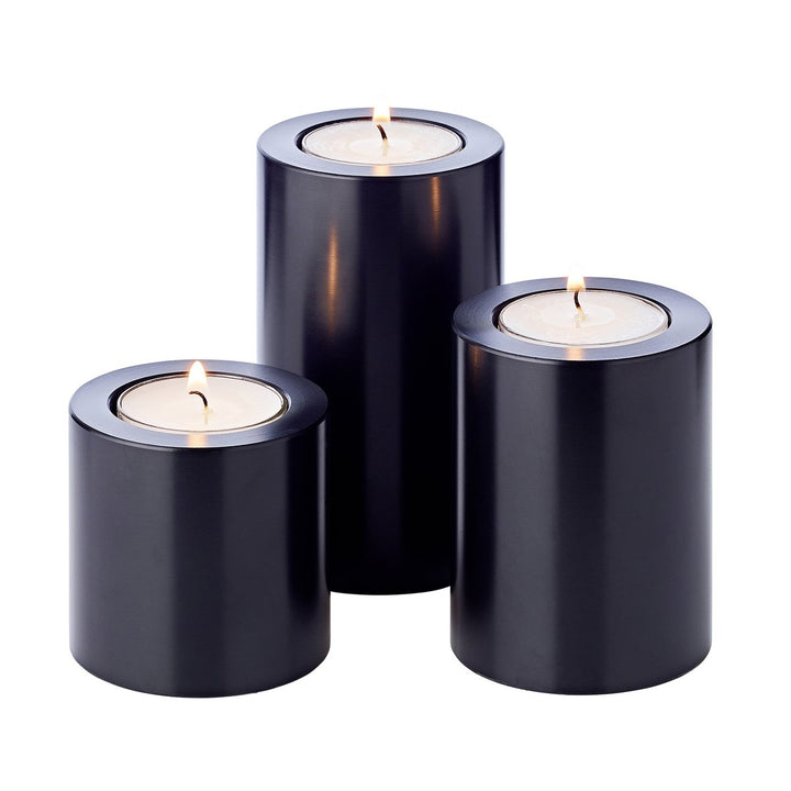 Set de 3 bougies permanentes Cornelius (hauteurs 6/8/10 cm, Ø 6 cm), noires, photophores résistants à la chaleur jusqu’à 90 °