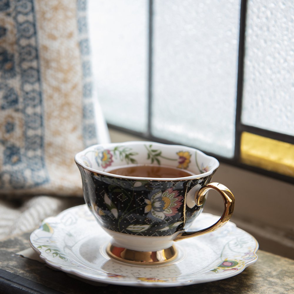 Tasse et soucoupe 200 ml Blanc Noir Porcelaine Fleurs TASSE