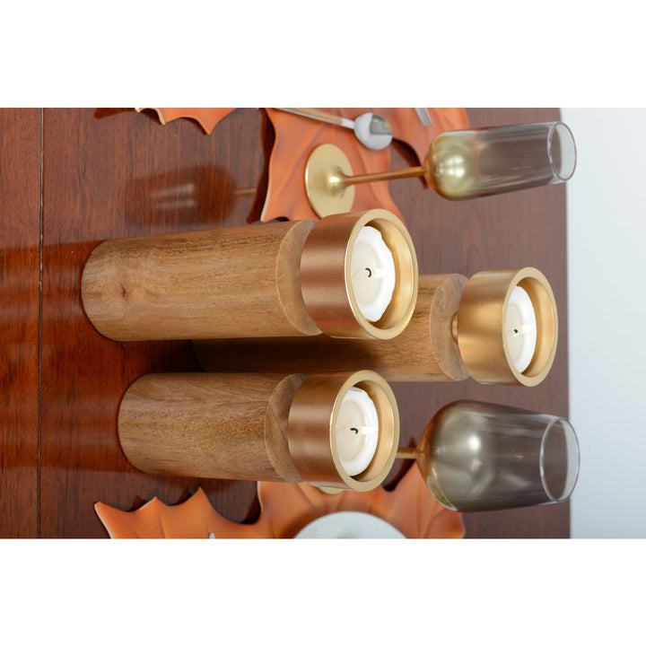 Wood and Gold Metal Candle Holder H27 cm