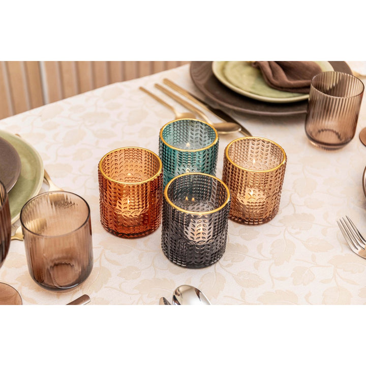 Set de 4 bougeoirs en verre coloré avec bordures dorées 8x8x9 cm