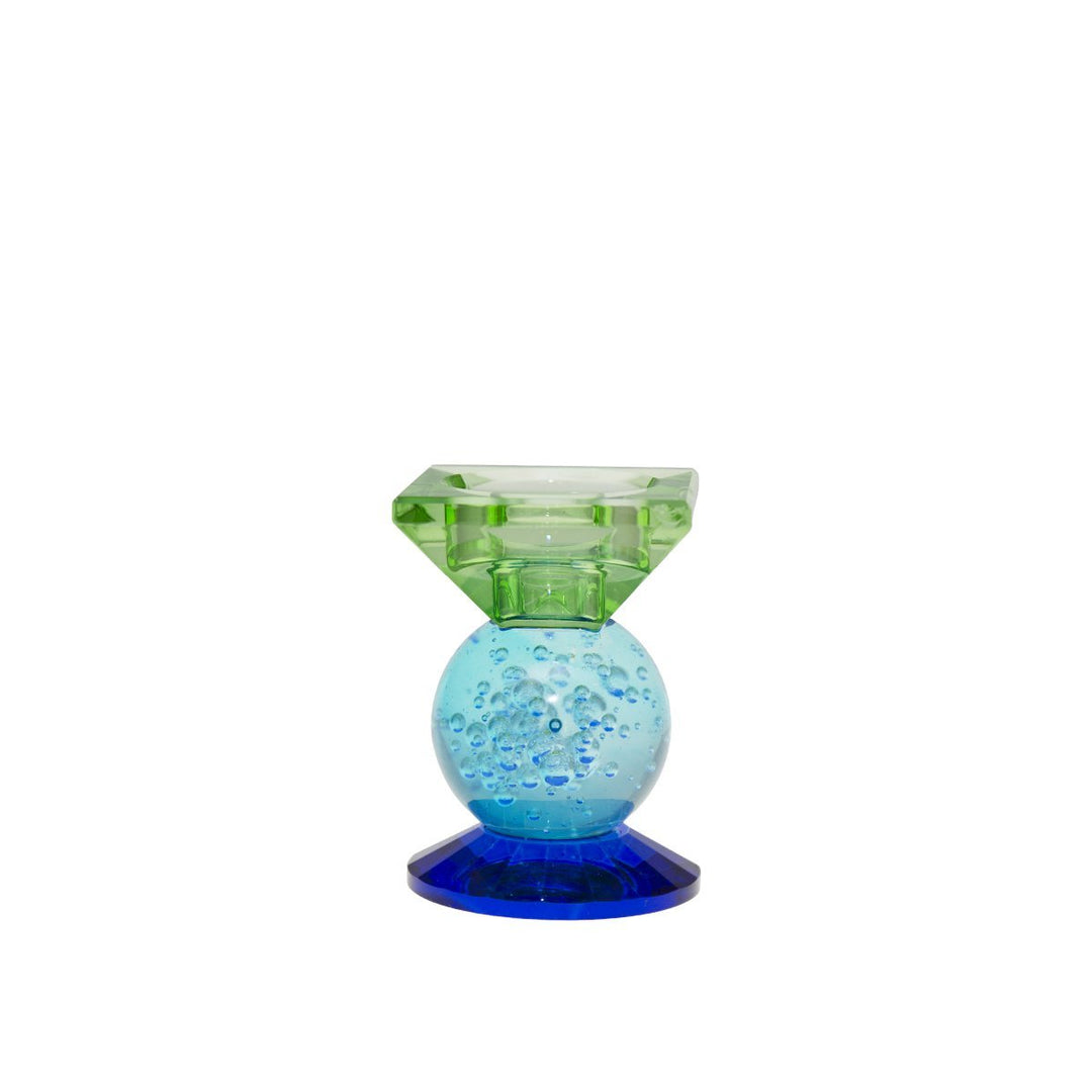 bougeoir en verre colore bleur et vert