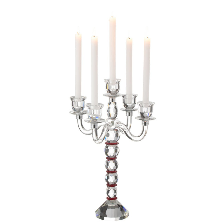 chandelier cinq bras  cristal  transparent et rouge
