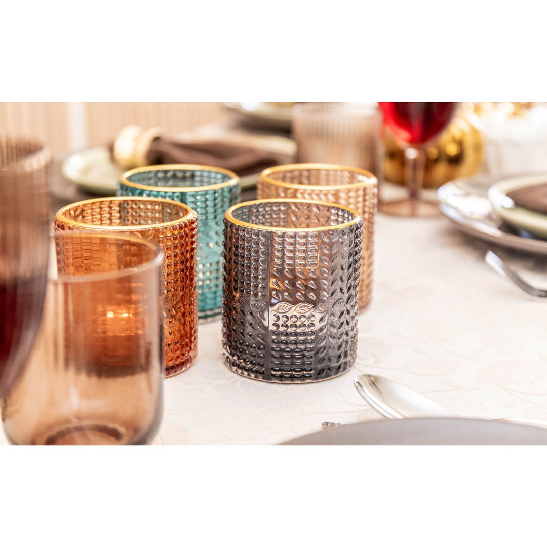 Set de 4 bougeoirs en verre coloré avec bordures dorées 8x8x9 cm