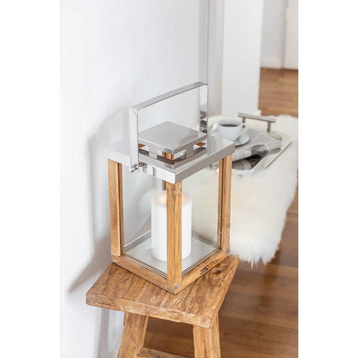 Lantaarn Miami H36 cm | Fijn teak hout | Roestvrij staal, vernikkeld