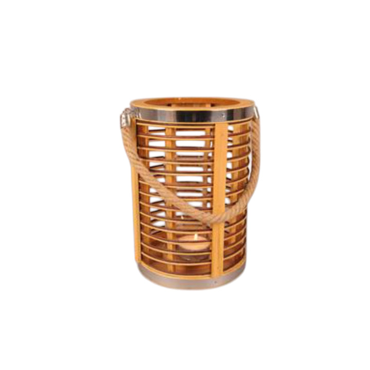 lanterne en rotin avec finition nickel et corde en jute