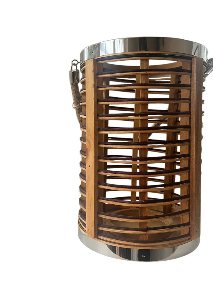 lanterne rotin avec finition nickel et corde en jute