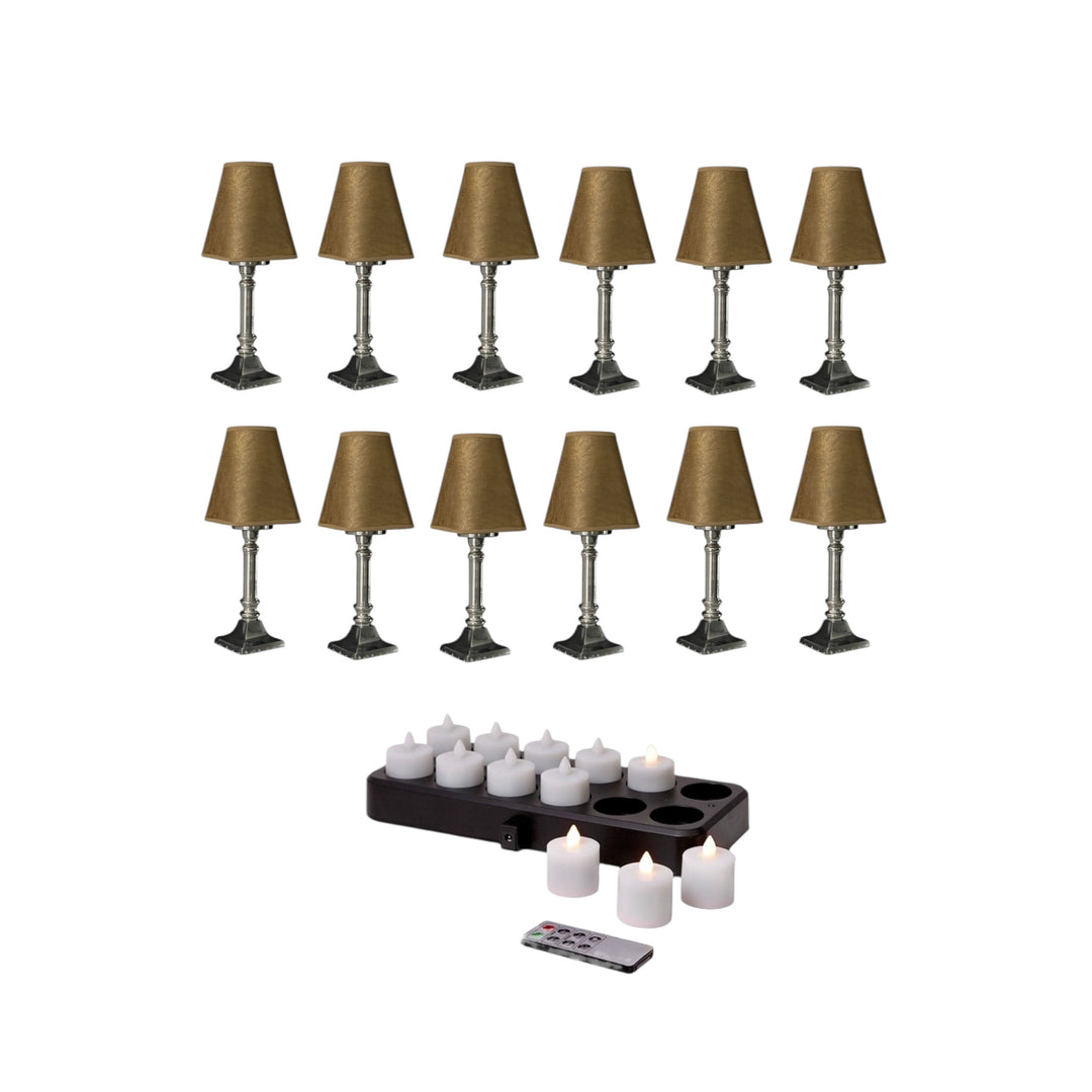 set de 12 bougies led rechargeables avec 12 lampes aluminium et abat jour doré