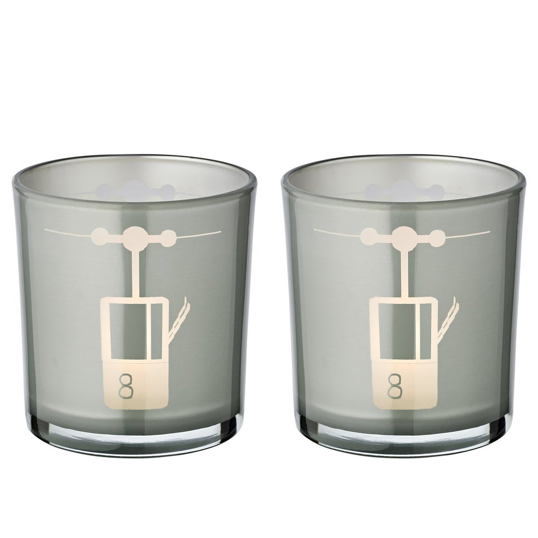 Lot de 2 photophores en verre (hauteur 8 cm, ø 7,5 cm) en gris, avec motif  télécabine de ski