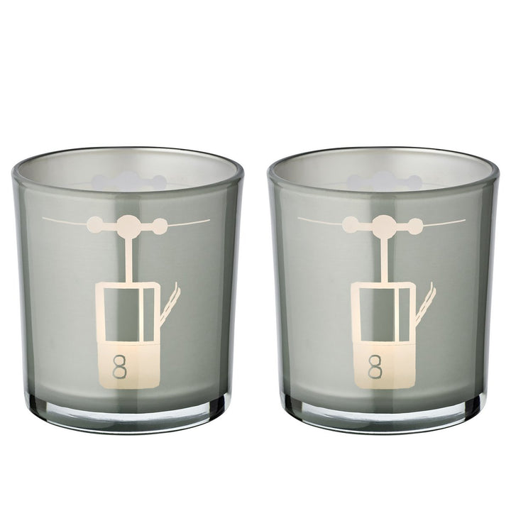 Lot de 2 photophores en verre (hauteur 8 cm, ø 7,5 cm) en gris, avec motif  télécabine de ski