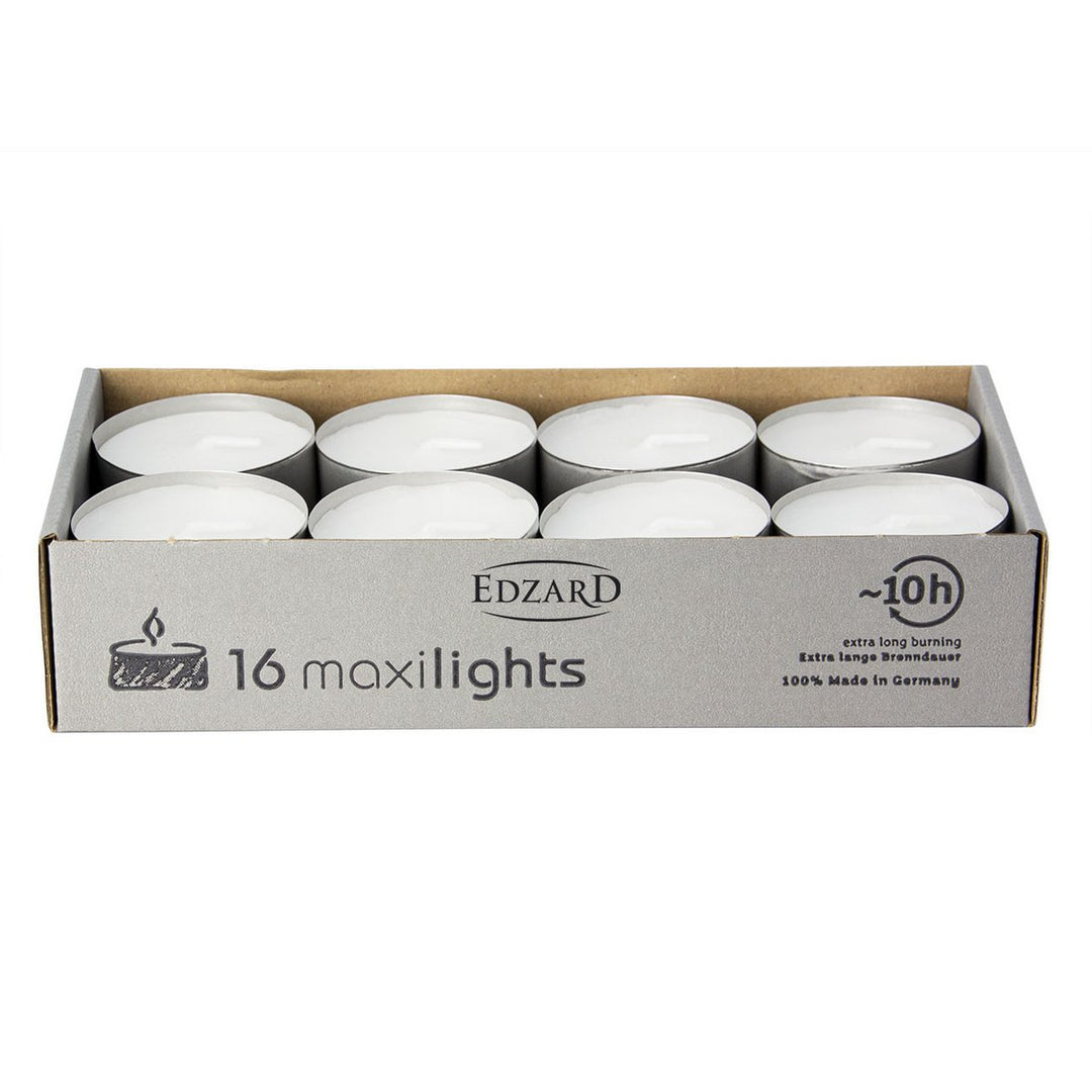 16 Maxilights – bougies chauffe-plat maxi, blanches, coupelle en aluminium