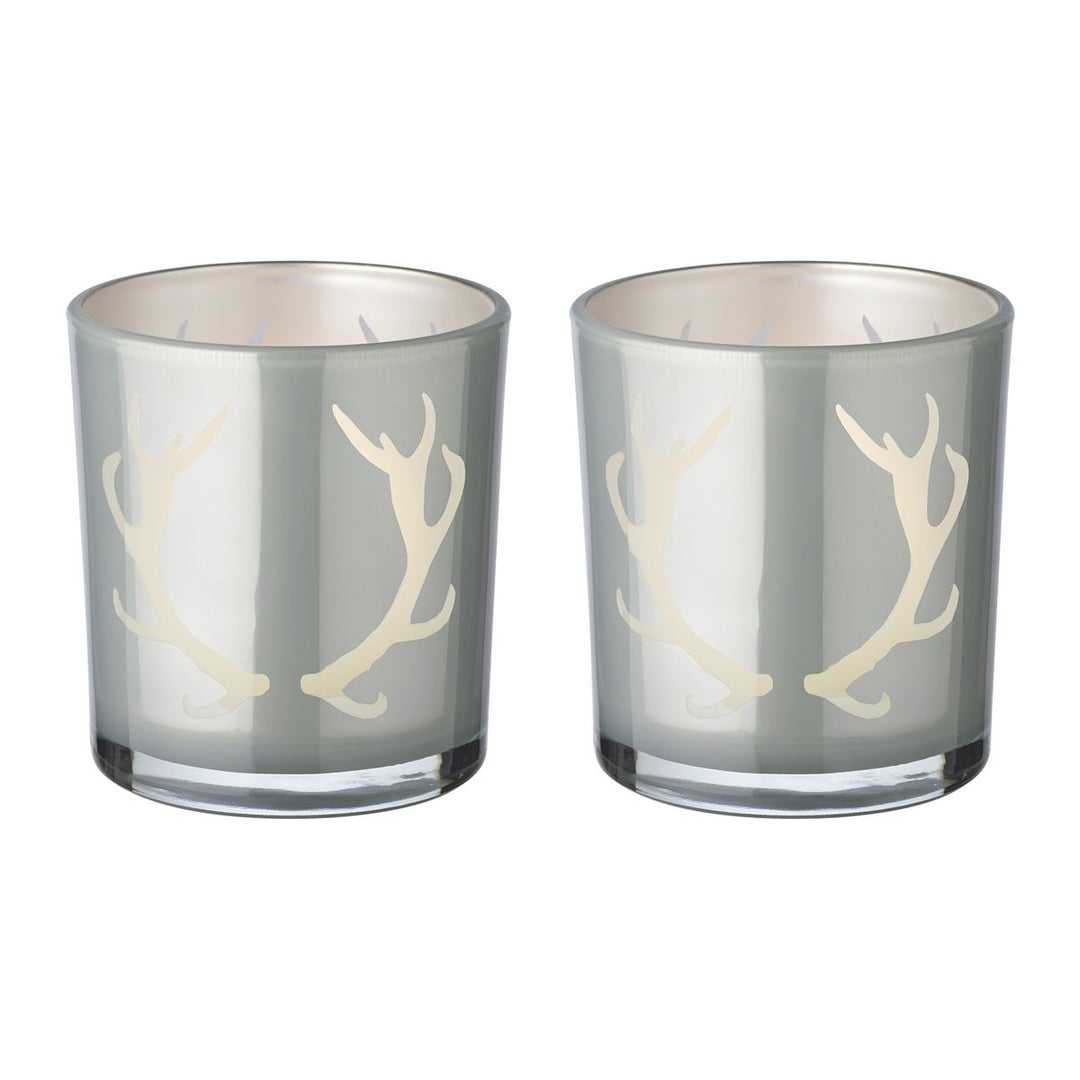 Lot de 2 verres à bougies chauffe-plat Ati (hauteur 8 cm, Ø 7 cm), gris, lanterne avec motif bois de cerf