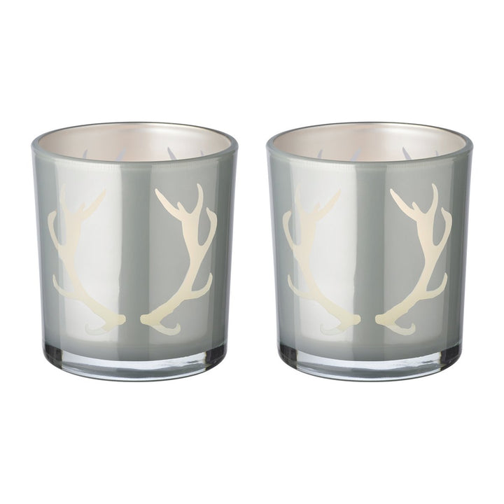 Lot de 2 verres à bougies chauffe-plat Ati (hauteur 8 cm, Ø 7 cm), gris, lanterne avec motif bois de cerf