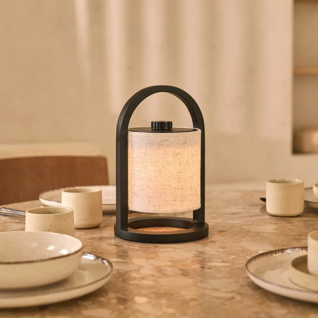 Lampe rechargeable Bois massif et abat-jour coton beige