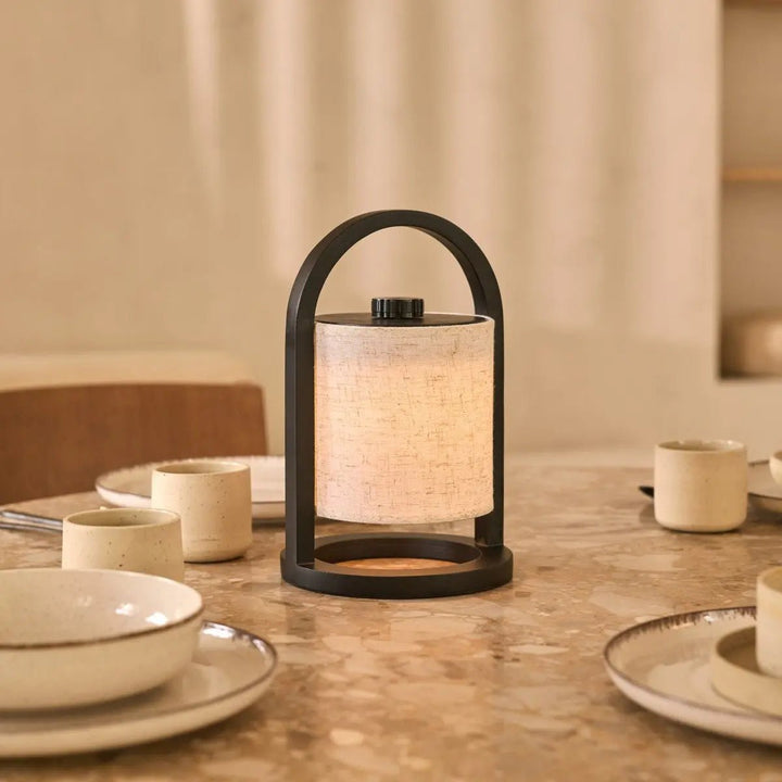 Lampe rechargeable Bois massif et abat-jour coton beige
