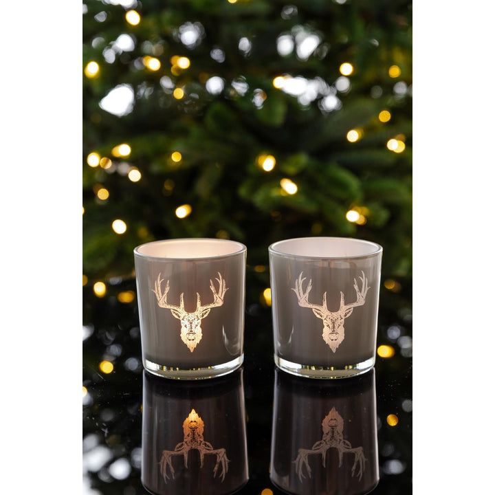 Set de 2 verres à bougies Eto (hauteur 8 cm, Ø 7 cm), gris, avec motif cerf