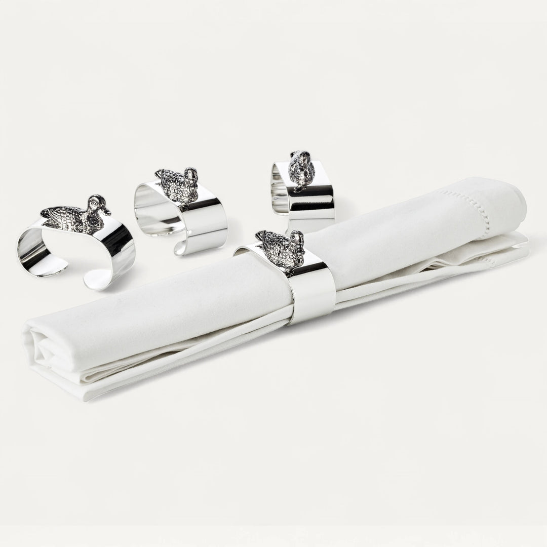 4 ronds de serviette Duck Plaqués argent, forme canard