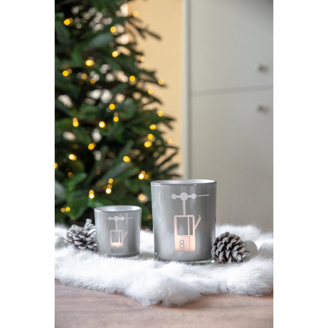 Lot de 2 photophores en verre (hauteur 8 cm, ø 7,5 cm) en gris, avec motif  télécabine de ski