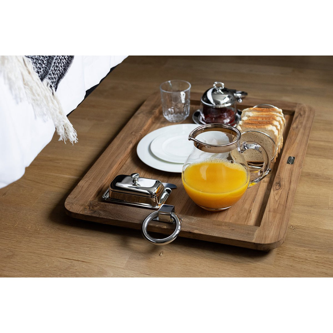Beurrier en métal argenté avec plateau en verre et couteau à beurre assorti – 8 x 13 cm