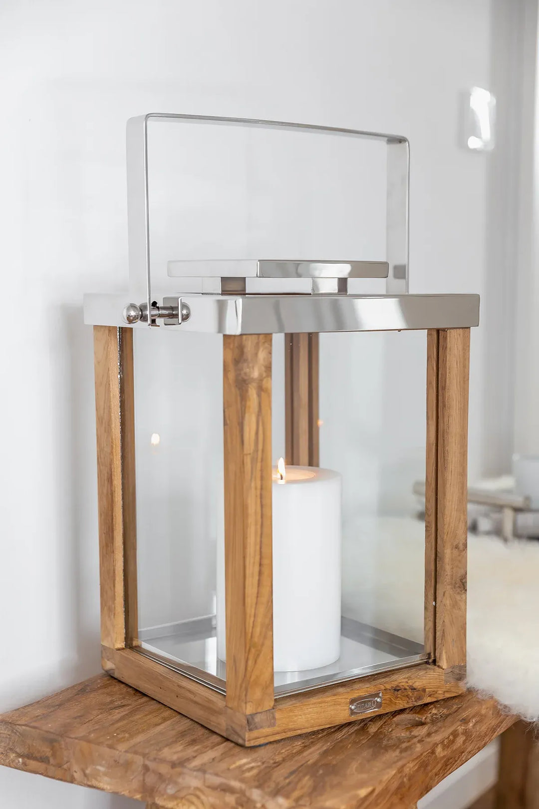 Lanterne Miami H36 cm | Bois de teck fin | Acier inoxydable, nickelé brillant
