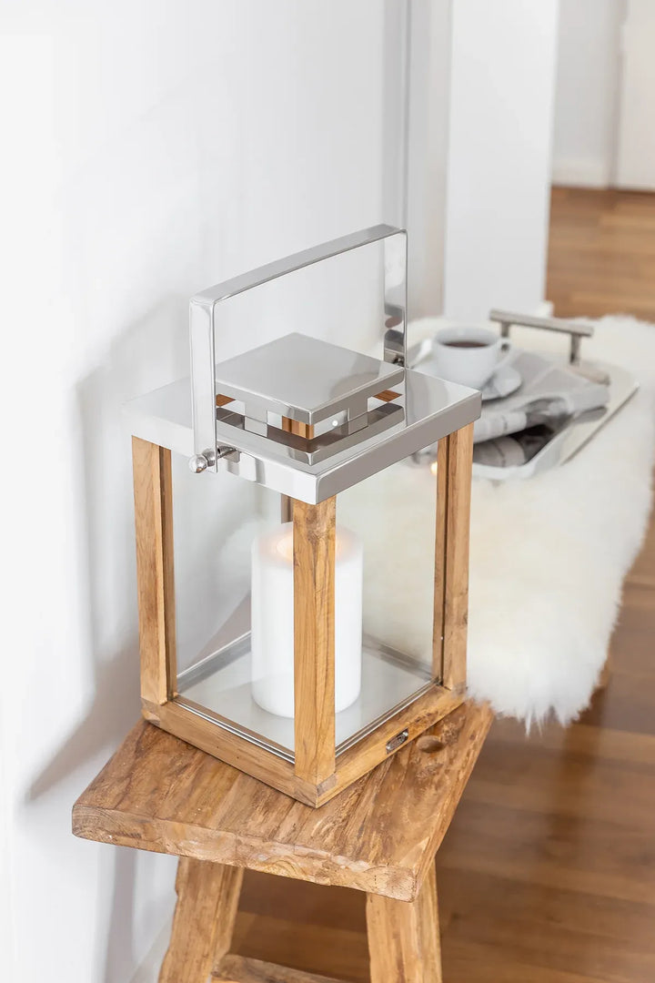 Lanterne Miami H36 cm | Bois de teck fin | Acier inoxydable, nickelé brillant