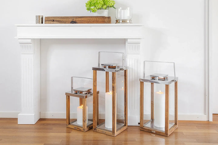 Lanterne Miami H36 cm | Bois de teck fin | Acier inoxydable, nickelé brillant