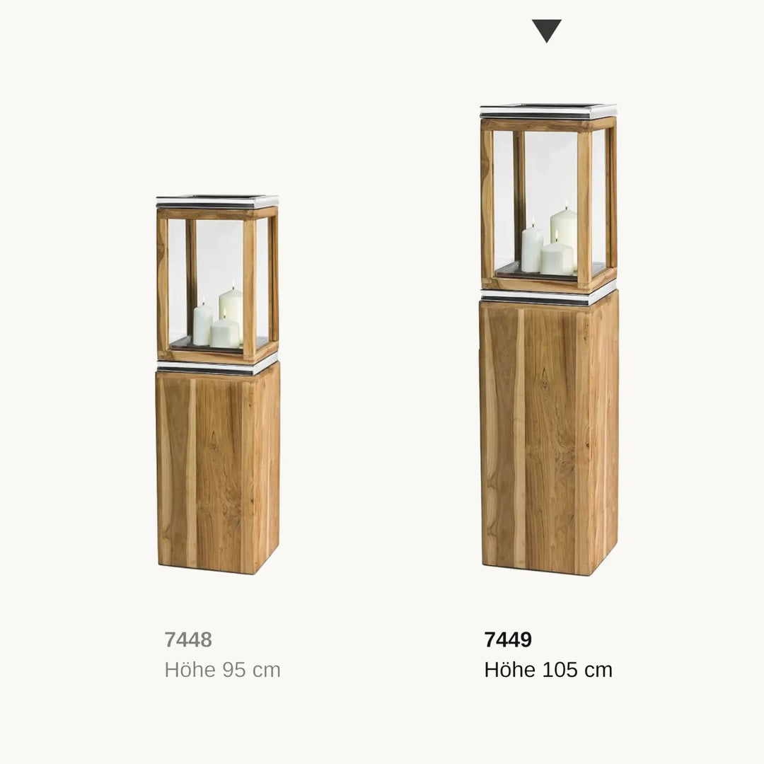 Lanterne Dubaï  H105 cm |socle, bois de teck fin | Acier inoxydable, nickelé brillant